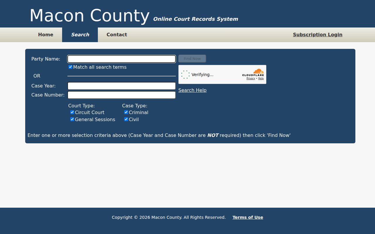 Macon County criminal court case search form with court filters